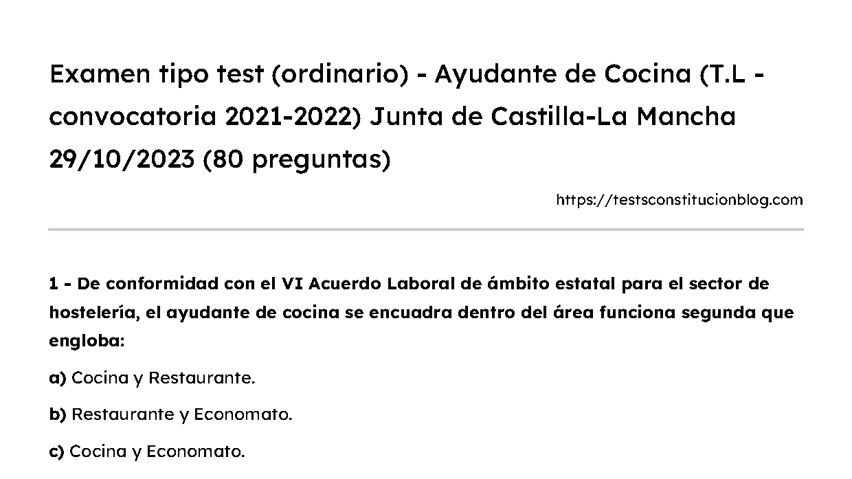 Parte 1 - Examen tipo test (ordinario) - Ayudante de Cocina (T.L) Junta ...
