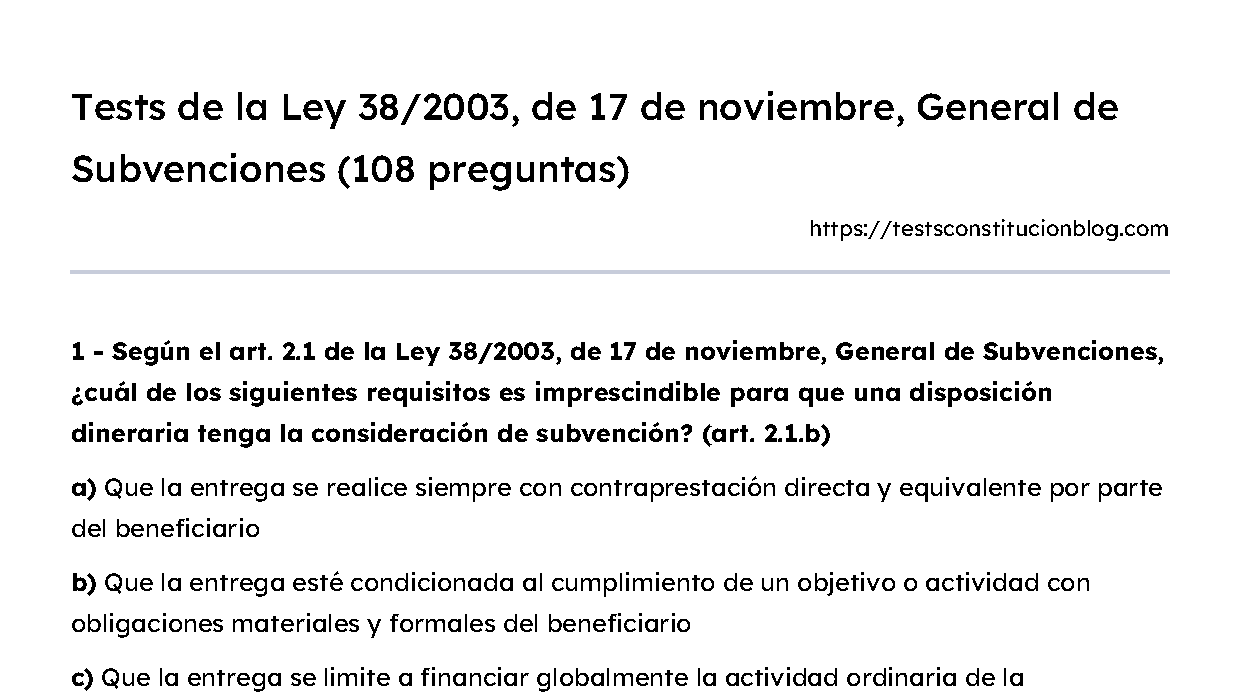 Tests de la Ley 38/2003, de 17 de noviembre, General de Subvenciones